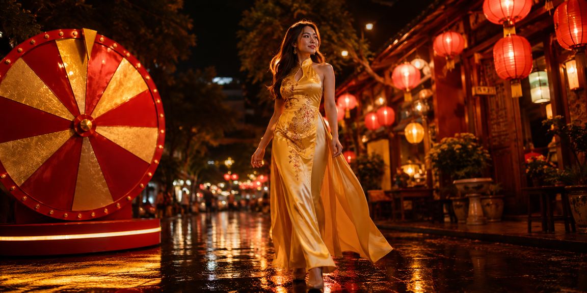 Người phụ nữ mặc áo dài chơi roulette trong không gian casino lãng mạn tại Đà Lạt